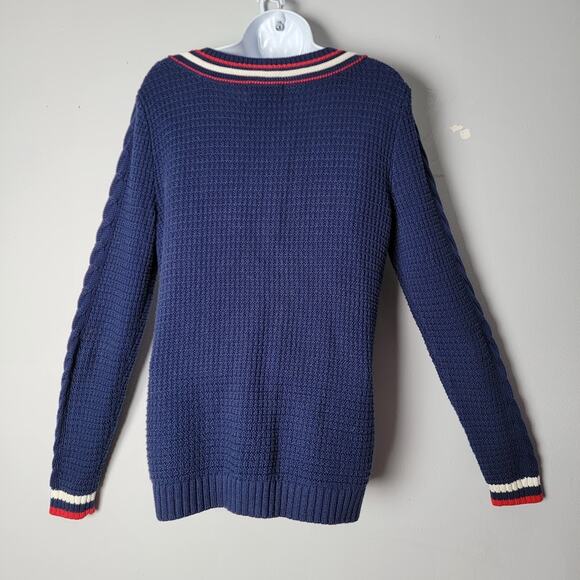 Lands’ End Drifter Women’s Navy Cable Knit Sweater V Neck Striped Trim M 10-12 - Picture 3 of 9